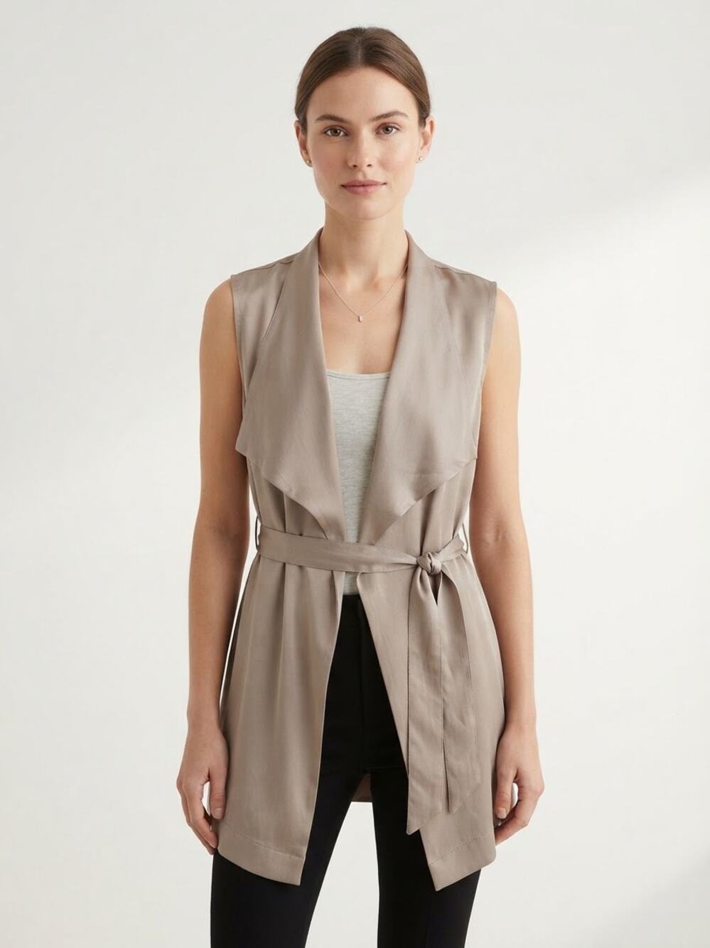 Eliane Rose 100% Tencel Sleeveless Trench Vest Belted Taupe Size S Modern Career